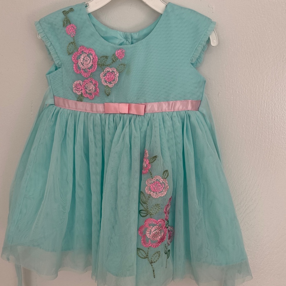 Jona Michelle Aqua Dress with Pink Floral Embroidery